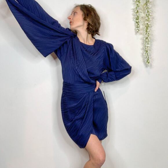 NWT RONNY KOBO 80s satin dress puff shoulder faux wrap draped - Picture 7 of 15